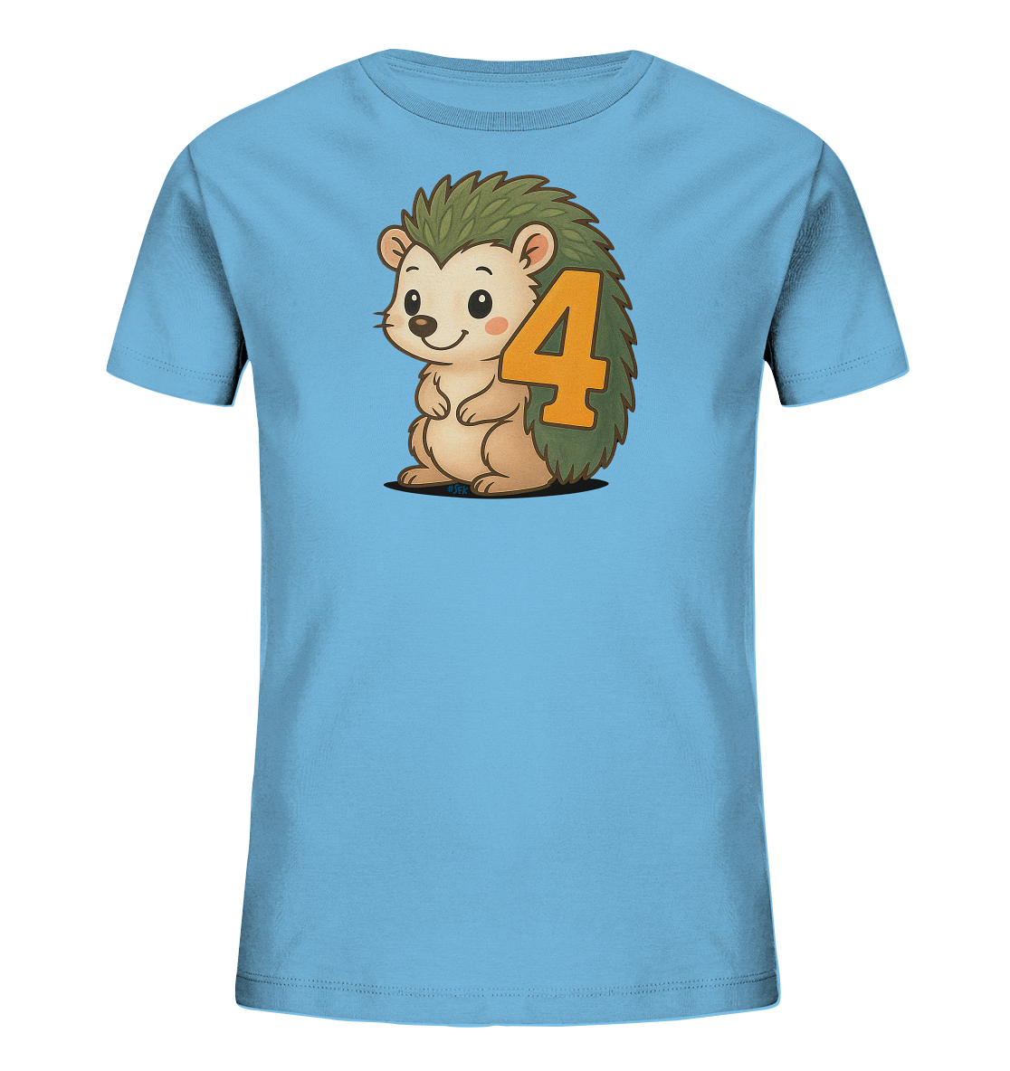 Onlineshop Shirts fuer Kinder - Dieses hellblaue Kinder-T-Shirt zeigt eine niedliche, cartoonartige Illustration eines Igels auf der Vorderseite. Der Igel sitzt aufrecht und die grosse Zahl Vier ist prominent auf seinem Ruecken platziert. Das Design wirkt freundlich und verspielt.