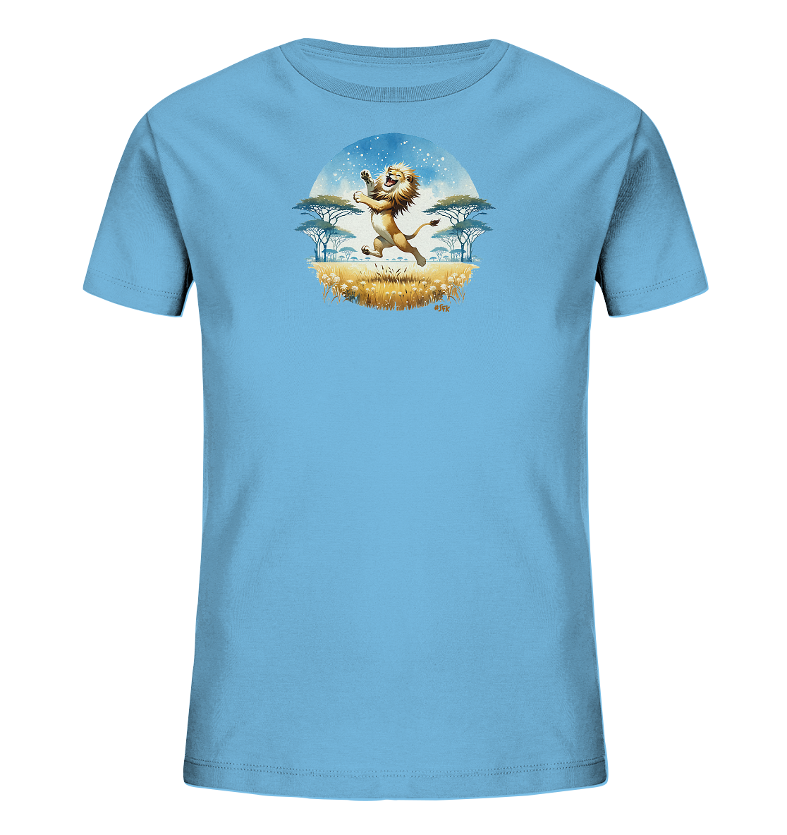 Onlineshop Shirts fuer Kinder - Das hellblaue T-Shirt praesentiert ein lebendiges Motiv mit einem gluecklichen, springenden Loewen im Stil einer Cartoon-Illustration. Die Szene zeigt eine afrikanische Savanne mit Akazienbaeumen, trockenem Gras und einem strahlenden Himmel. Das kreisfoermige Design faengt die Energie und Freude des Loewen ein und ist ein Blickfang auf dem Shirt.