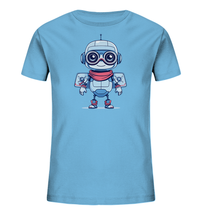 Onlineshop Shirts für Kinder - Das Bild zeigt ein hellblaues T-Shirt für Kinder. Auf der Vorderseite ist eine farbige Illustration eines freundlichen Roboters im Cartoon-Stil zu sehen. Der Roboter trägt eine rote Schal, eine Schutzbrille und verfügt über flügelähnliche Vorrichtungen am Rücken, die kleine Kompass-Symbole mit Totenkopf-Details zeigen. Dieses Motiv verleiht dem Shirt ein verspieltes und abenteuerliches Design, ideal für kleine Entdecker und Weltraumfans.