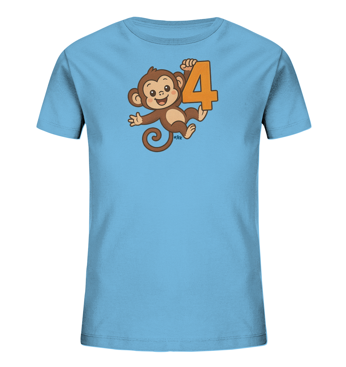 Onlineshop Shirts fuer Kinder - Das Bild zeigt ein hellblaues T-Shirt fuer Kinder. Es zeigt einen froehlichen Cartoon-Affen, der verspielt haengt. Der Affe haelt eine auffaellige orangefarbene Zahl vier. Dieses Design verleiht dem Shirt einen lustigen und lebendigen Look.