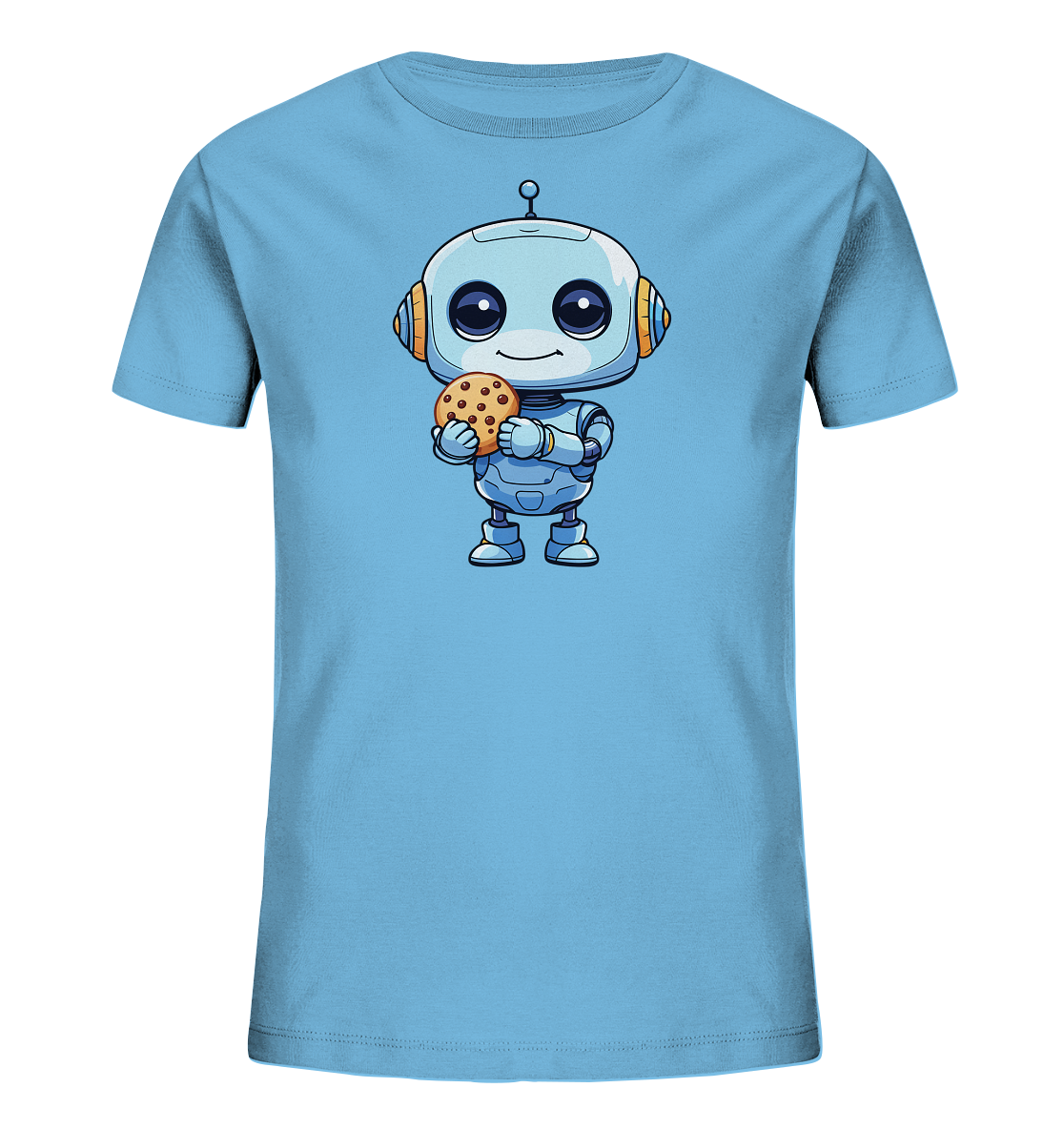 Onlineshop Shirts für Kinder - Das Bild zeigt ein hellblaues T-Shirt für Kinder mit einem ansprechenden Motiv auf der Vorderseite. Die Illustration stellt einen freundlichen, cartoonartigen Roboter dar, der einen großen Schokoladenkeks in seinen Händen hält. Der Roboter hat große, runde Augen, ein Lächeln und ist in Blautönen mit orangefarbenen Akzenten gestaltet. Dieses verspielte Design auf dem weichen Stoff des Shirts wirkt ansprechend und kindgerecht.