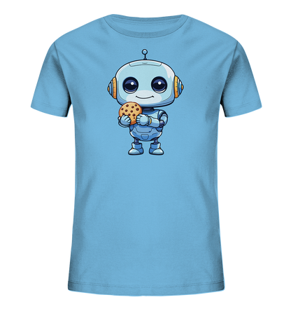 Onlineshop Shirts für Kinder - Das Bild zeigt ein hellblaues T-Shirt für Kinder mit einem ansprechenden Motiv auf der Vorderseite. Die Illustration stellt einen freundlichen, cartoonartigen Roboter dar, der einen großen Schokoladenkeks in seinen Händen hält. Der Roboter hat große, runde Augen, ein Lächeln und ist in Blautönen mit orangefarbenen Akzenten gestaltet. Dieses verspielte Design auf dem weichen Stoff des Shirts wirkt ansprechend und kindgerecht.