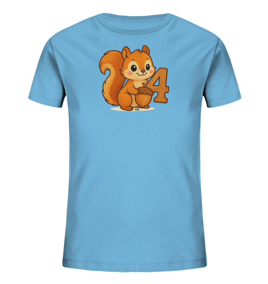 Onlineshop Shirts fuer Kinder - Das Bild zeigt ein hellblaues T-Shirt fuer Kinder mit einem freundlichen Eichhoernchen-Motiv auf der Vorderseite. Das Eichhoernchen haelt eine Eichel in seinen Pfoten. Neben der Figur ist die Zahl '4' gross abgebildet. Die Illustration hat einen niedlichen Cartoon-Stil.