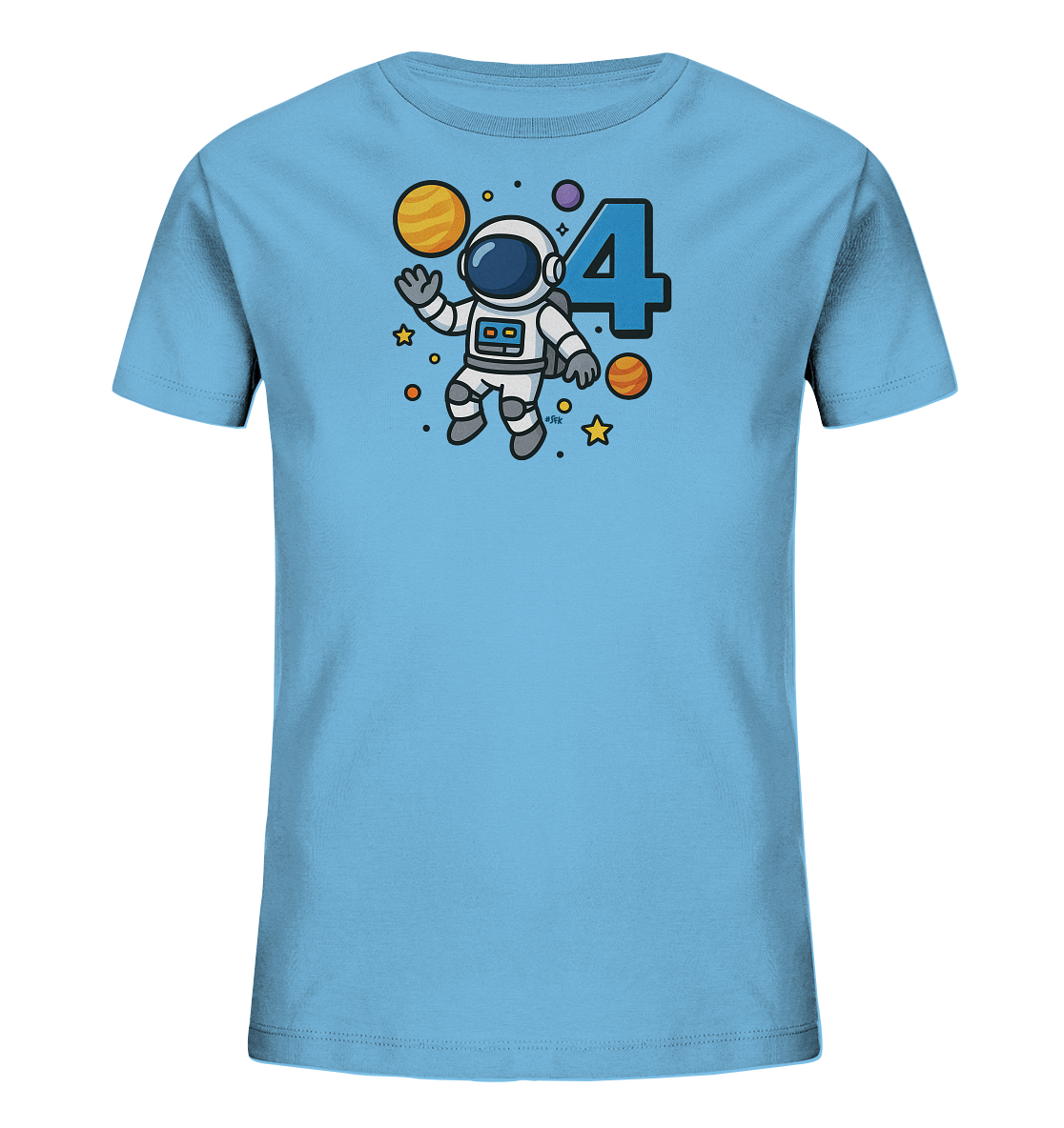 Onlineshop Shirts fuer Kinder - Das Bild zeigt ein hellblaues Kinder-T-Shirt mit einem farbenfrohen Weltraum-Motiv. Zentral abgebildet ist ein laechelnder Astronaut, der im All schwebt. Neben ihm ist die grosse blaue Zahl '4' zu sehen. Das Design wird durch Planeten und Sterne ergaenzt und wirkt verspielt.