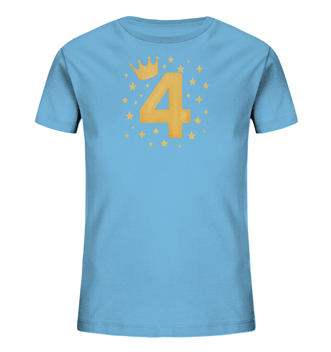 Onlineshop Shirts fuer Kinder - Dieses hellblaue T-Shirt fuer Kinder zeigt ein festliches Design mit der grossen Zahl 4 in Gold. Eine kleine goldene Krone ist darueber platziert. Zahlreiche goldene Sterne und kleine Plus-Formen umgeben das zentrale Motiv. Das Design verleiht dem Shirt eine koenigliche und froehliche Ausstrahlung.