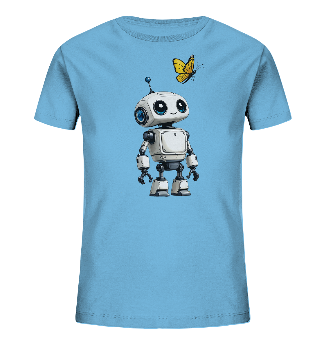 Onlineshop Shirts für Kinder - Das Bild zeigt ein hellblaues T-Shirt für Kinder mit einem charmanten Druck auf der Vorderseite. Zentral abgebildet ist ein kleiner, freundlich aussehender weißer Roboter mit blauen Augen und einer Antenne. Über dem Roboter fliegt ein gelber Schmetterling mit schwarzen Details. Das Design wirkt verspielt und ansprechend, ideal für ein Kinderkleidungsstück.