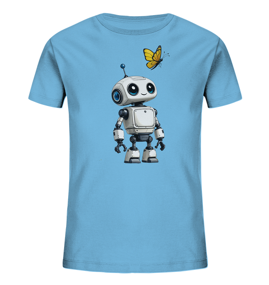 Onlineshop Shirts für Kinder - Das Bild zeigt ein hellblaues T-Shirt für Kinder mit einem charmanten Druck auf der Vorderseite. Zentral abgebildet ist ein kleiner, freundlich aussehender weißer Roboter mit blauen Augen und einer Antenne. Über dem Roboter fliegt ein gelber Schmetterling mit schwarzen Details. Das Design wirkt verspielt und ansprechend, ideal für ein Kinderkleidungsstück.