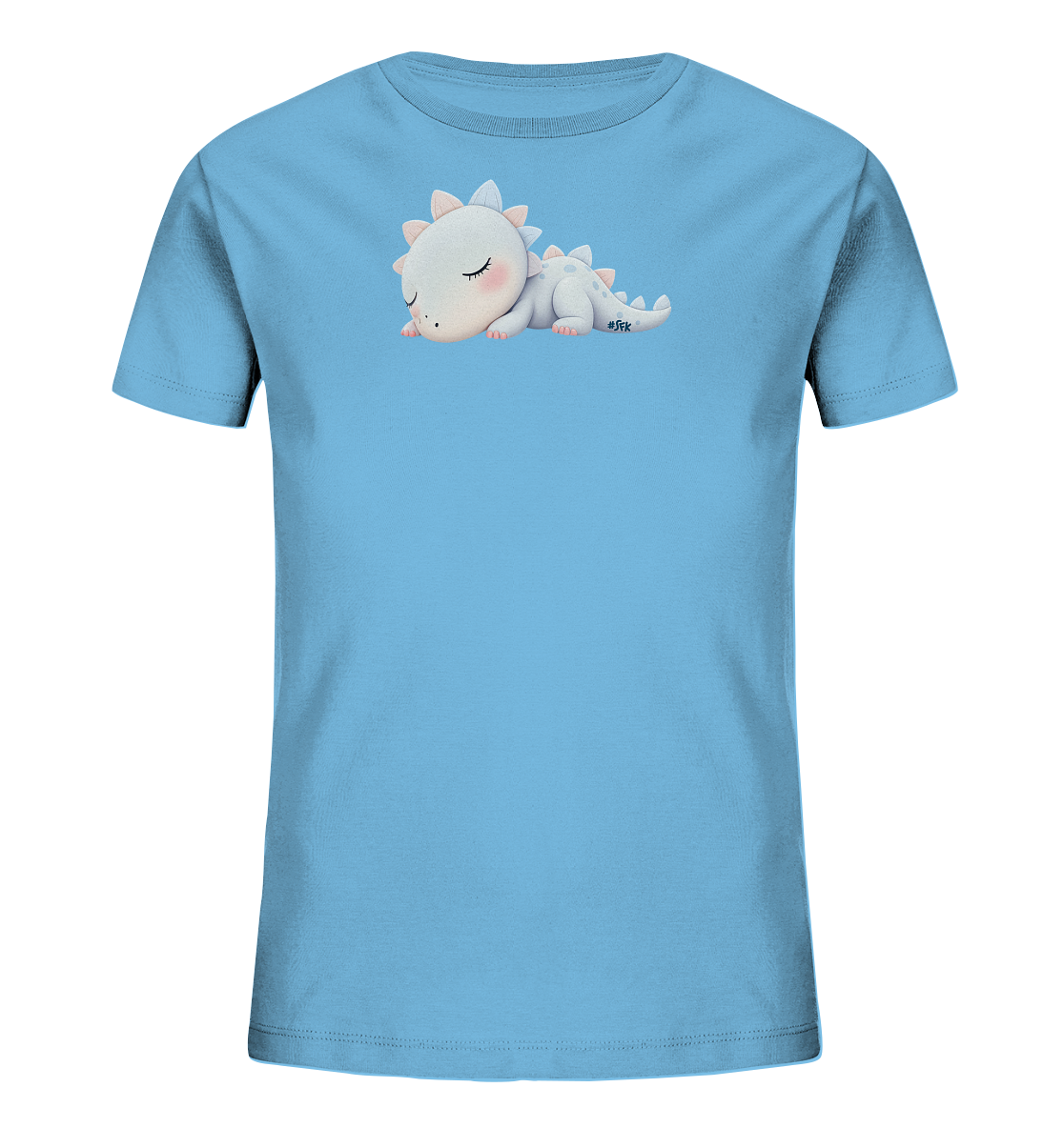 Onlineshop Shirts fuer Kinder - Das Bild zeigt ein hellblaues Kinder-T-Shirt mit einem niedlichen Aufdruck. Darauf ist ein kleiner, weisser Drache oder Dinosaurier abgebildet, der friedlich schlafend auf dem Shirt liegt. Das Motiv ist detailreich gestaltet und wirkt durch die sanften Farben besonders ansprechend. Es verleiht dem T-Shirt einen ruhigen und verspielten Charakter.