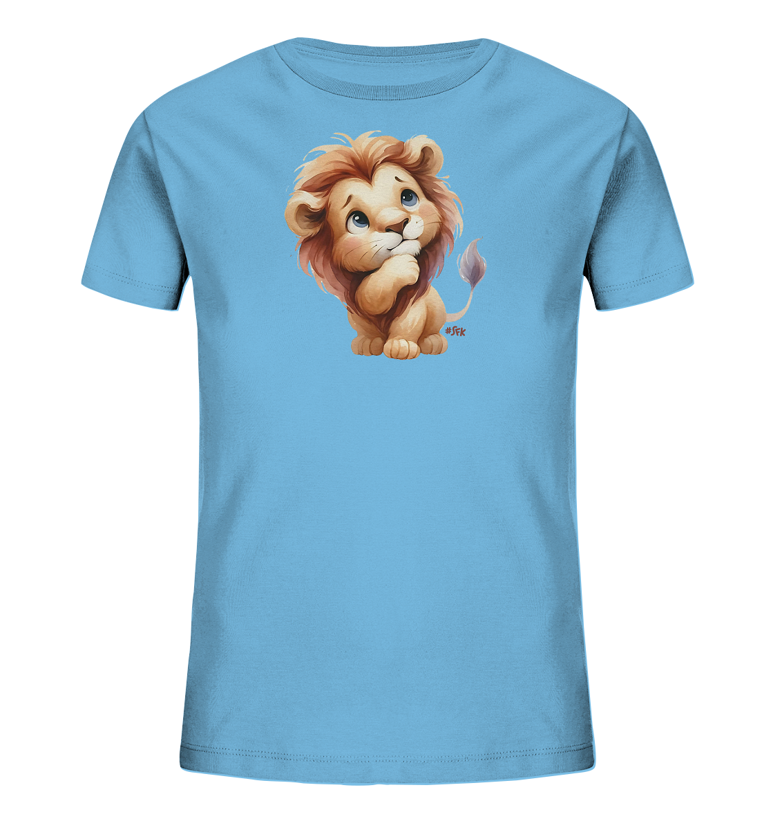 Kinder T-Shirt mit nachdenklichem Cartoon-Löwen und großen blauen Augen