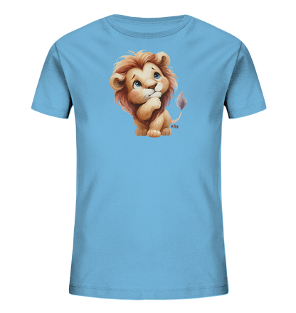Kinder T-Shirt mit nachdenklichem Cartoon-Löwen und großen blauen Augen