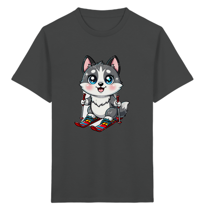Husky-Welpe auf Skiern – Kinder Bio-T-Shirt