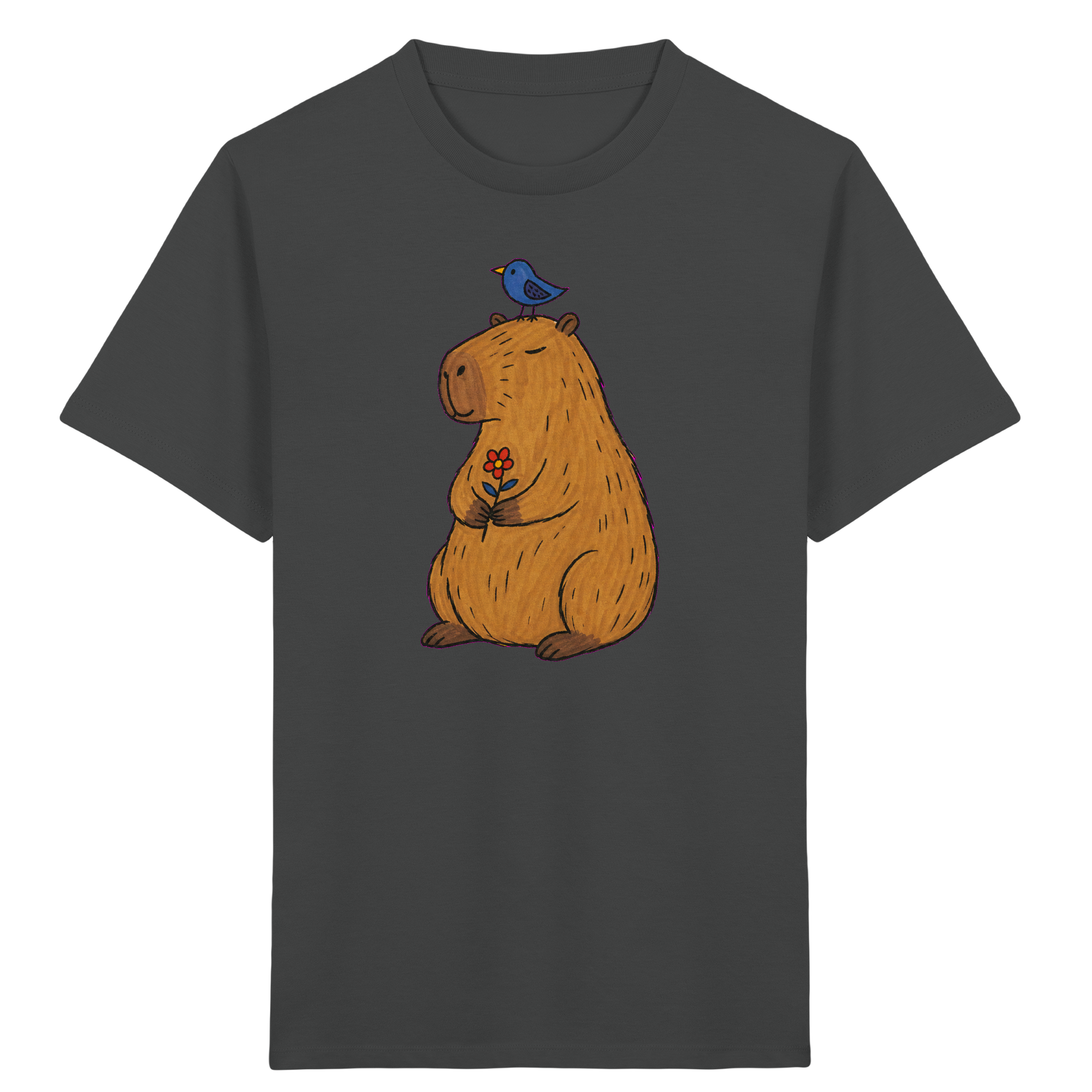 Süßes Capybara T-Shirt mit Vogel - Kinder Bio T-Shirt