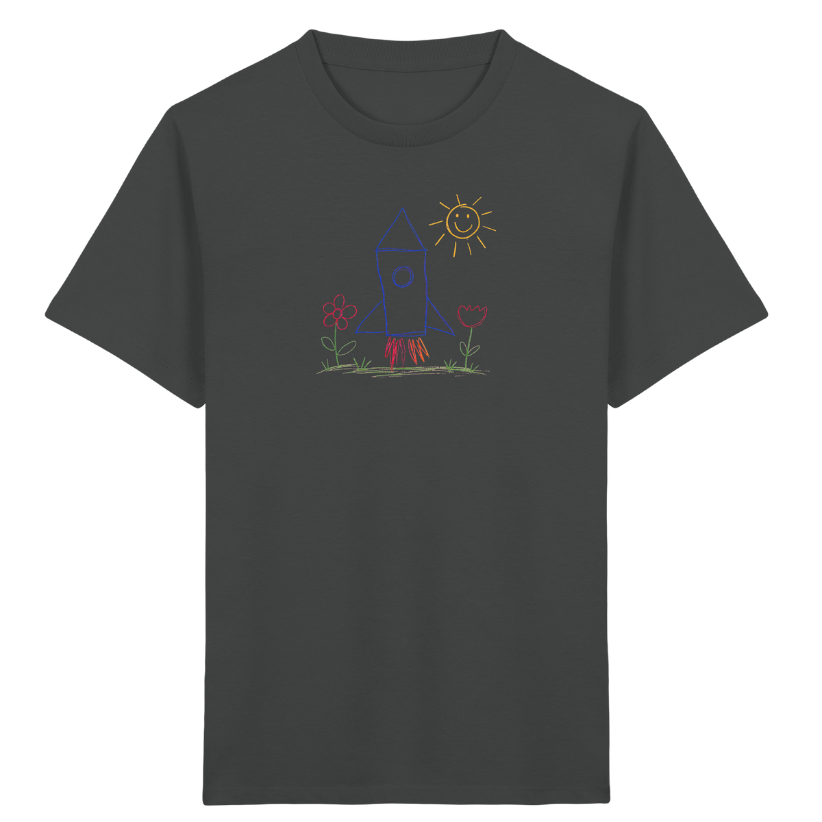 Fröhliches Raketen T-Shirt mit Kinderzeichnung - Kinder Bio T-Shirt