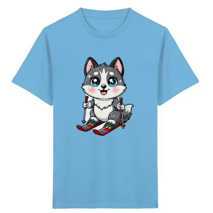 Husky-Welpe auf Skiern – Kinder Bio-T-Shirt