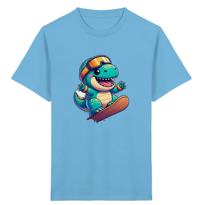 Dinosaurier auf dem Snowboard – Kinder Bio-T-Shirt