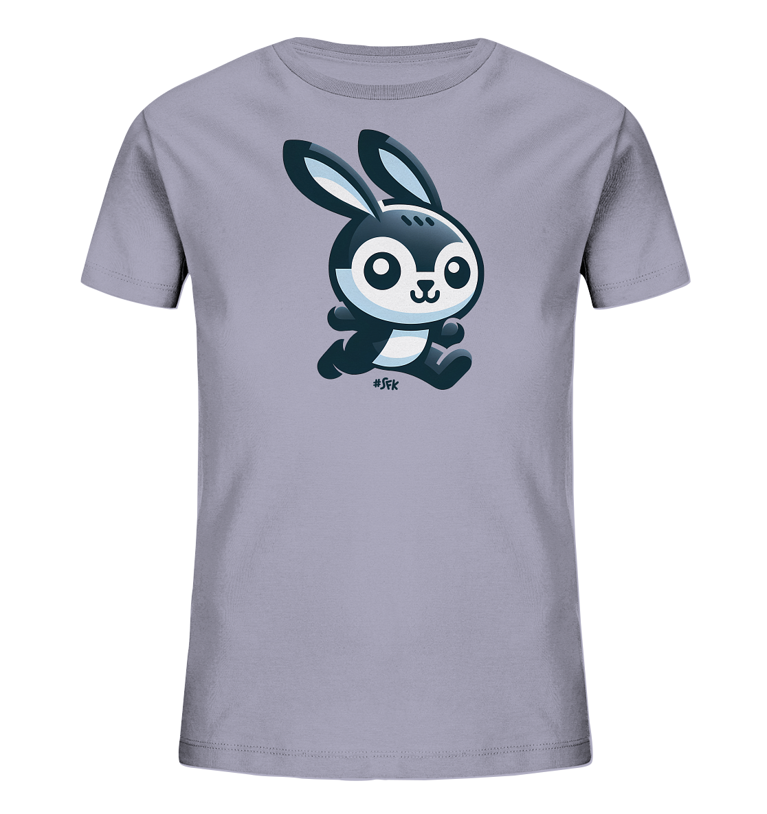 Onlineshop Shirts fuer Kinder - Das Bild zeigt ein lilafarbenes T-Shirt fuer Kinder mit einem grossen Aufdruck eines suessen Hasen. Der Hase ist im Cartoon-Stil gezeichnet, schwarz und weiss und sieht aus, als wuerde er rennen oder springen. Dieses freundliche Design ist zentral auf dem Shirt platziert.