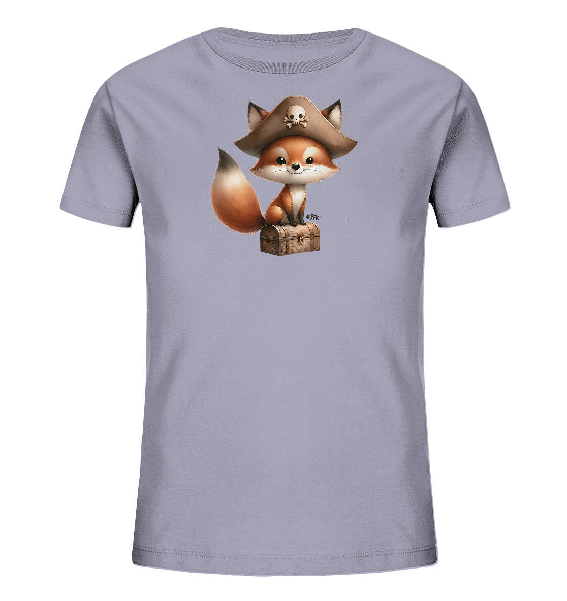 Onlineshop Shirts fuer Kinder - Das Bild zeigt ein T-Shirt fuer Kinder in einem hellen Lavendelton. Auf der Vorderseite ist eine Illustration eines niedlichen Fuchses zu sehen. Der Fuchs traegt einen Piratenhut mit Totenkopfmotiv und sitzt auf einer kleinen Schatzkiste. Das Design hat einen verspielten Piraten-Look.