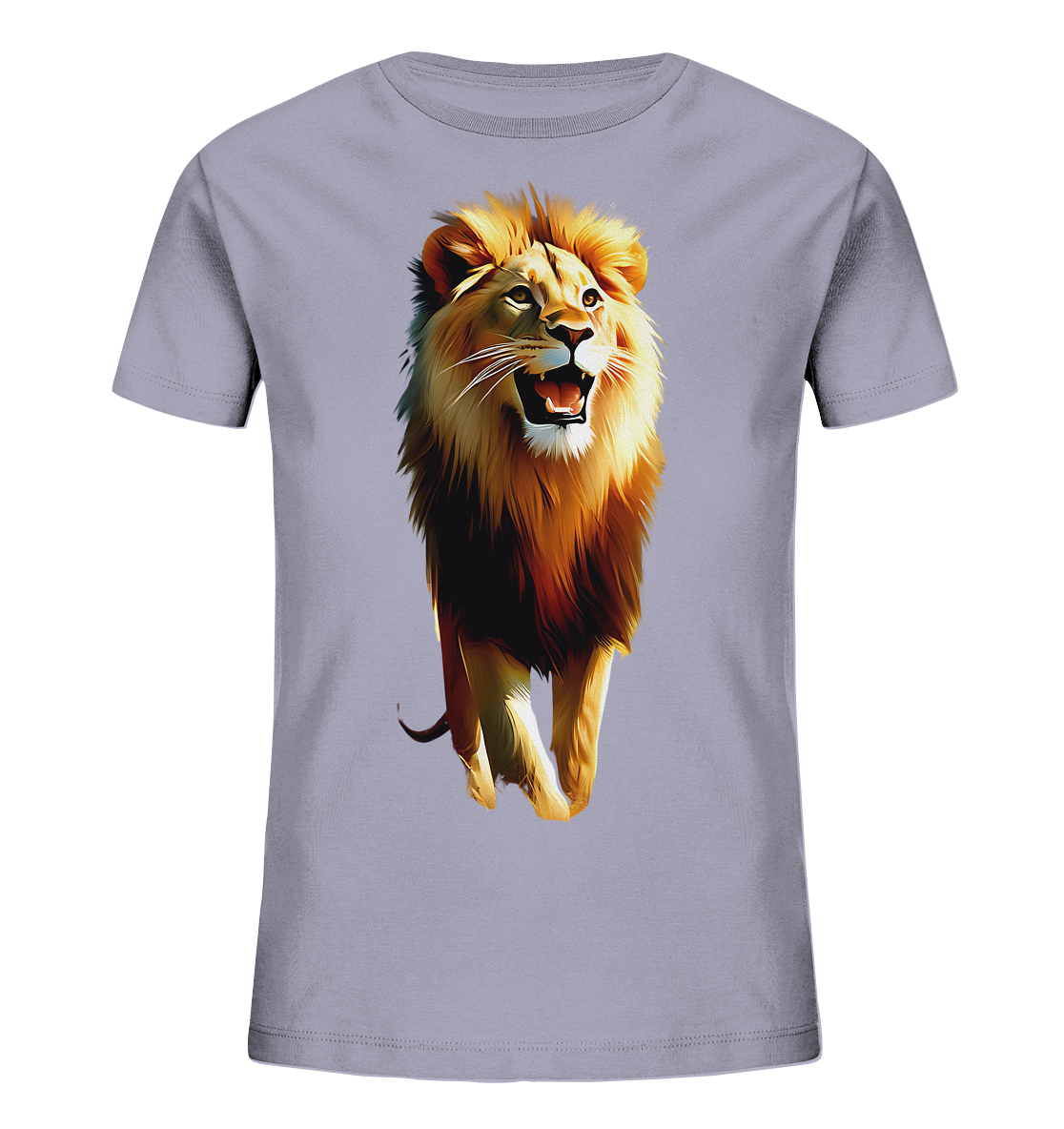 Onlineshop Shirts fuer Kinder - Das Bild zeigt ein hellviolettes Kinder-T-Shirt. Auf der Vorderseite ist ein grosser, majestaetischer Loewe abgebildet. Der Loewe wird in einem kuenstlerischen Stil dargestellt und scheint zu bruellen oder zu schnaufen. Dieses Motiv verleiht dem Shirt eine kraftvolle Ausstrahlung.