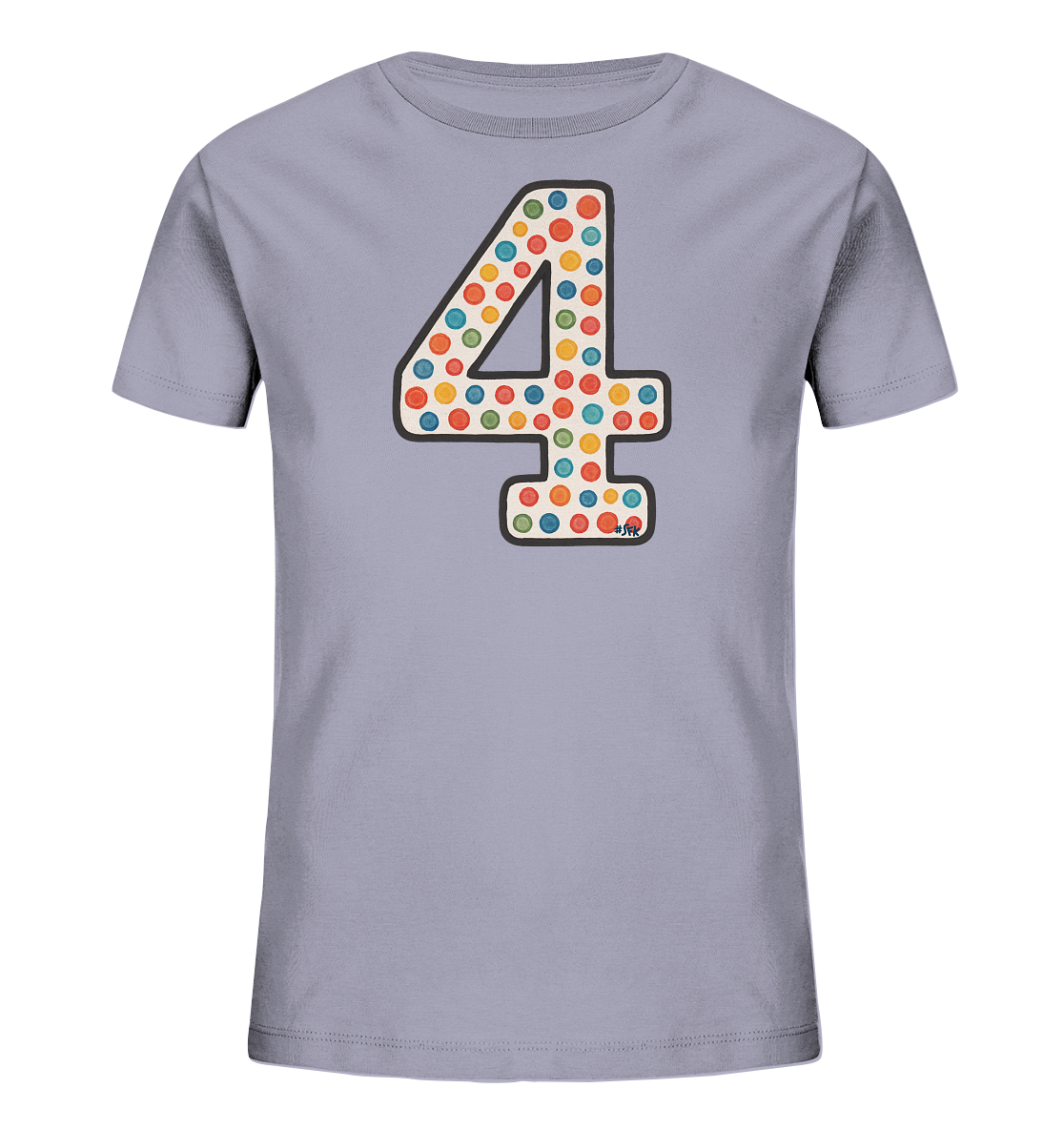 Onlineshop Shirts fuer Kinder - Dieses hellgraue Kinder-T-Shirt zeigt eine grosse, farbenfrohe Grafik der Zahl '4'. Die Zahl ist mit einem Muster aus leuchtenden Punkten in verschiedenen Farben gefuellt und hat einen dunklen Rand. Das verspielte Design ist ein Blickfang auf dem schlichten Shirt.