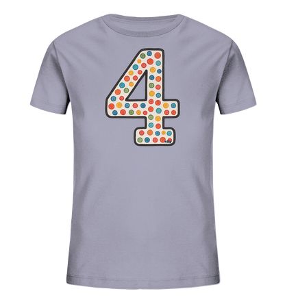 Kinder T-Shirt mit großer Zahl 4, bunten Punkten und dunkler Umrandung