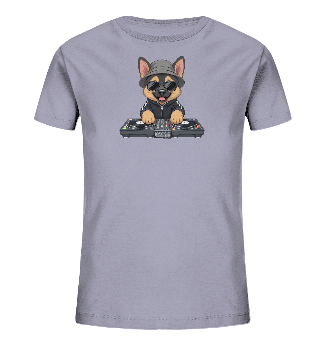 Onlineshop Shirts fuer Kinder - Das Bild zeigt ein hellgraues T-Shirt mit einem coolen Hunde-Motiv auf der Vorderseite. Der Hund traegt einen Hut und eine Sonnenbrille und steht vor einem DJ-Mischpult mit zwei Plattenspielern. Er ist in eine schwarze Sportjacke gekleidet und hat einen froehlichen Ausdruck. Das Design ist modern und spricht Musikliebhaber an.