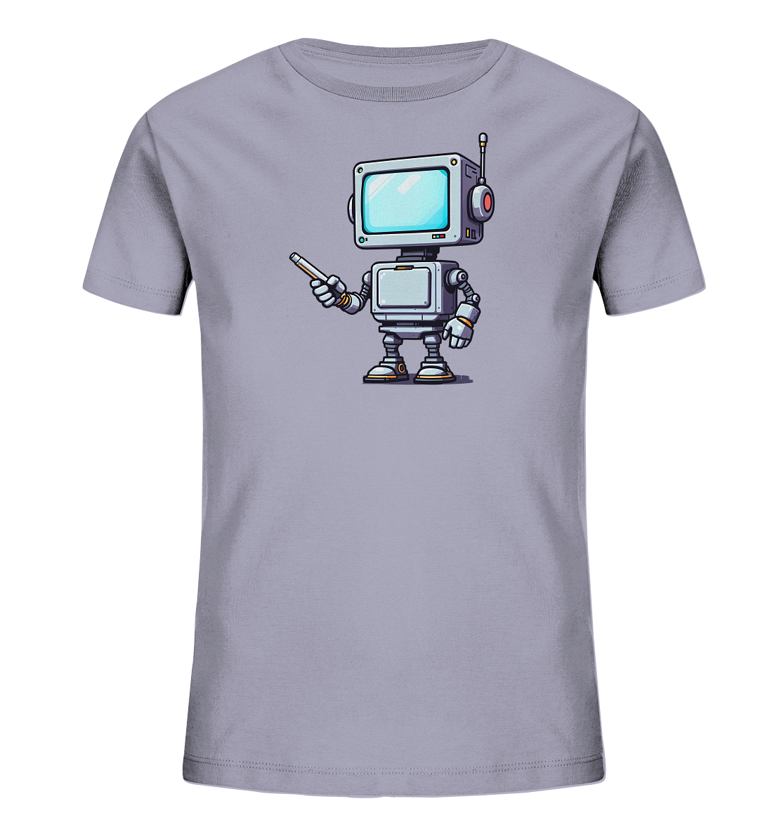 Onlineshop Shirts für Kinder - Das Bild zeigt ein hellgraues Kinder-T-Shirt. Auf der Vorderseite ist eine Illustration eines freundlich aussehenden Roboters im Cartoon-Stil zu sehen. Der Roboter hat einen rechteckigen Kopf mit einem Monitor-Gesicht und hält einen Stift oder Pointer in seiner rechten Hand, als ob er etwas erklärt. Der Roboter ist detailliert gezeichnet mit Gelenken, Knöpfen und einer Antenne und verleiht dem Shirt einen technischen, aber spielerischen Charakter.