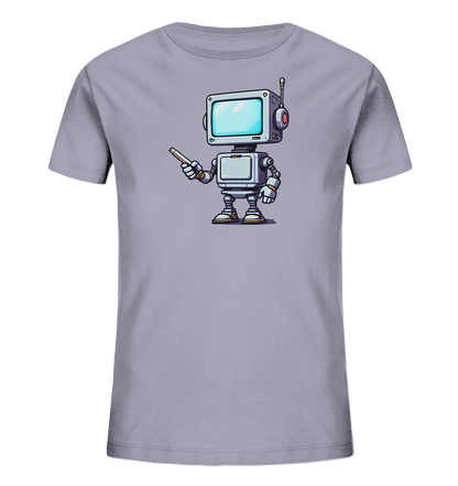 Onlineshop Shirts für Kinder - Das Bild zeigt ein hellgraues Kinder-T-Shirt. Auf der Vorderseite ist eine Illustration eines freundlich aussehenden Roboters im Cartoon-Stil zu sehen. Der Roboter hat einen rechteckigen Kopf mit einem Monitor-Gesicht und hält einen Stift oder Pointer in seiner rechten Hand, als ob er etwas erklärt. Der Roboter ist detailliert gezeichnet mit Gelenken, Knöpfen und einer Antenne und verleiht dem Shirt einen technischen, aber spielerischen Charakter.