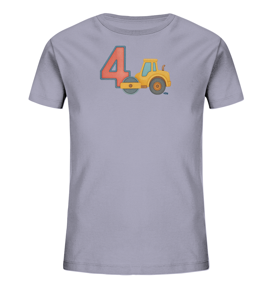 Onlineshop Shirts fuer Kinder - Das Bild zeigt ein hellgraues Kinder-T-Shirt mit einem verspielten Aufdruck auf der Vorderseite. Eine grosse, rote Zahl '4' mit blauem Rand ist neben der Illustration einer gelben Dampfwalze platziert. Die Walze ist in einem cartoonartigen Stil dargestellt. Das Design ist ansprechend fuer Kinder.