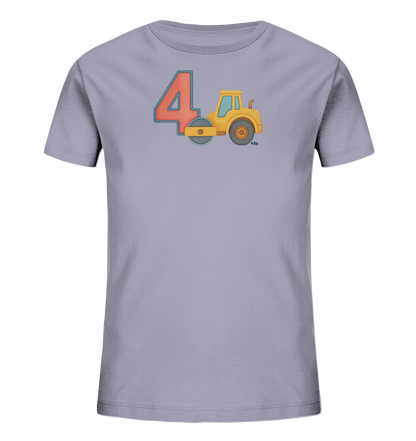 Onlineshop Shirts fuer Kinder - Das Bild zeigt ein hellgraues Kinder-T-Shirt mit einem verspielten Aufdruck auf der Vorderseite. Eine grosse, rote Zahl '4' mit blauem Rand ist neben der Illustration einer gelben Dampfwalze platziert. Die Walze ist in einem cartoonartigen Stil dargestellt. Das Design ist ansprechend fuer Kinder.
