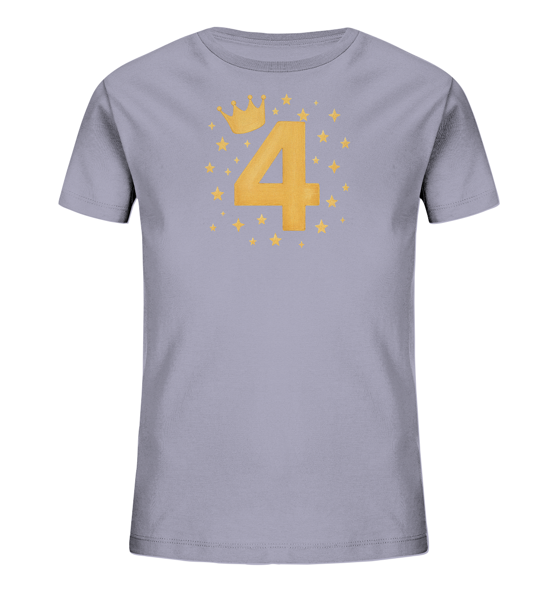 Onlineshop Shirts fuer Kinder - Das Bild zeigt ein hellgraues T-Shirt fuer Kinder mit einem grossen, goldenen Aufdruck der Zahl '4' auf der Vorderseite. Direkt darueber ist eine goldene Krone platziert. Zahl und Krone sind von vielen kleinen, goldenen Sternen umgeben, die das Motiv festlich abrunden. Das Design ist schlicht und gleichzeitig auffaellig.
