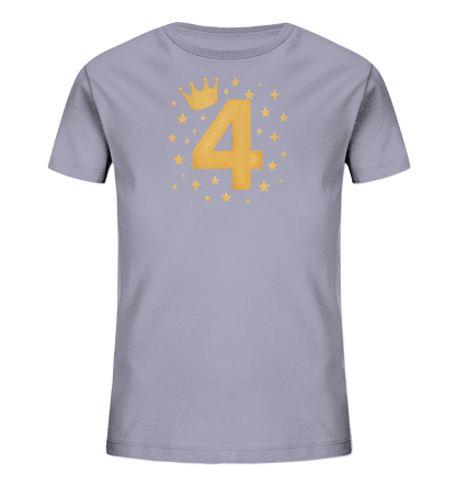 Onlineshop Shirts fuer Kinder - Das Bild zeigt ein hellgraues T-Shirt fuer Kinder mit einem grossen, goldenen Aufdruck der Zahl '4' auf der Vorderseite. Direkt darueber ist eine goldene Krone platziert. Zahl und Krone sind von vielen kleinen, goldenen Sternen umgeben, die das Motiv festlich abrunden. Das Design ist schlicht und gleichzeitig auffaellig.