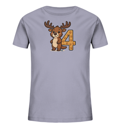 Onlineshop Shirts fuer Kinder - Das Bild zeigt ein Kinder-T-Shirt in hellem Lila oder Grau. Auf der Vorderseite ist ein freundliches Cartoon-Reh abgebildet, das neben einer grossen Zahl '4' steht. Die Zahl ist mit einem Muster aus kleinen Pfotenabdruecken gefuellt. Dieses Design ist verspielt und ansprechend gestaltet.