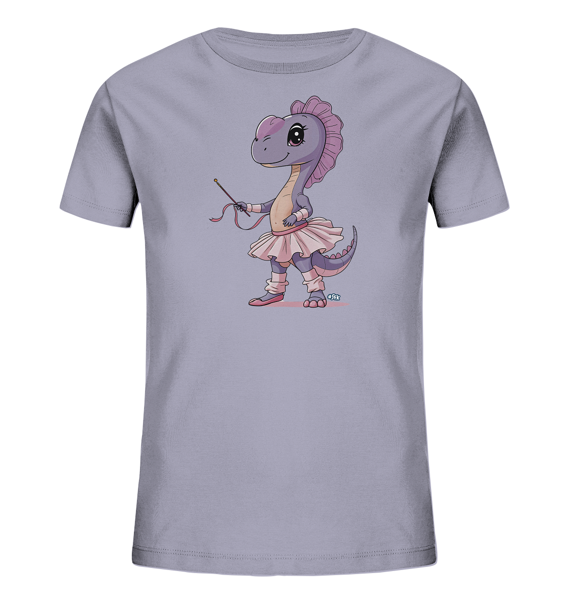 Onlineshop Shirts fuer Kinder - Das Bild zeigt ein hellgraues T-Shirt mit einem niedlichen Druck. Dargestellt ist ein lila Cartoon-Dinosaurier in einem rosa Ballettkostuem mit tutu, Ballett Schuhen und einem Zauberstab. Der Dino steht aufrecht und laechelt.