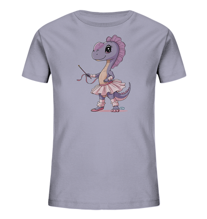 Onlineshop Shirts fuer Kinder - Das Bild zeigt ein hellgraues T-Shirt mit einem niedlichen Druck. Dargestellt ist ein lila Cartoon-Dinosaurier in einem rosa Ballettkostuem mit tutu, Ballett Schuhen und einem Zauberstab. Der Dino steht aufrecht und laechelt.
