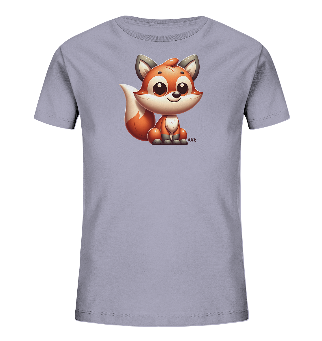 Onlineshop Shirts fuer Kinder - Dieses T-Shirt zeigt ein niedliches, cartoonhaftes Fuchs-Motiv auf der Vorderseite. Der Fuchs ist in warmen Orange- und Weisstoenen gehalten, hat grosse, ausdrucksstarke Augen und sitzt laechelnd da. Das Design ist verspielt und kindgerecht gestaltet. Das T-Shirt selbst hat eine zarte, hellviolette Farbe.