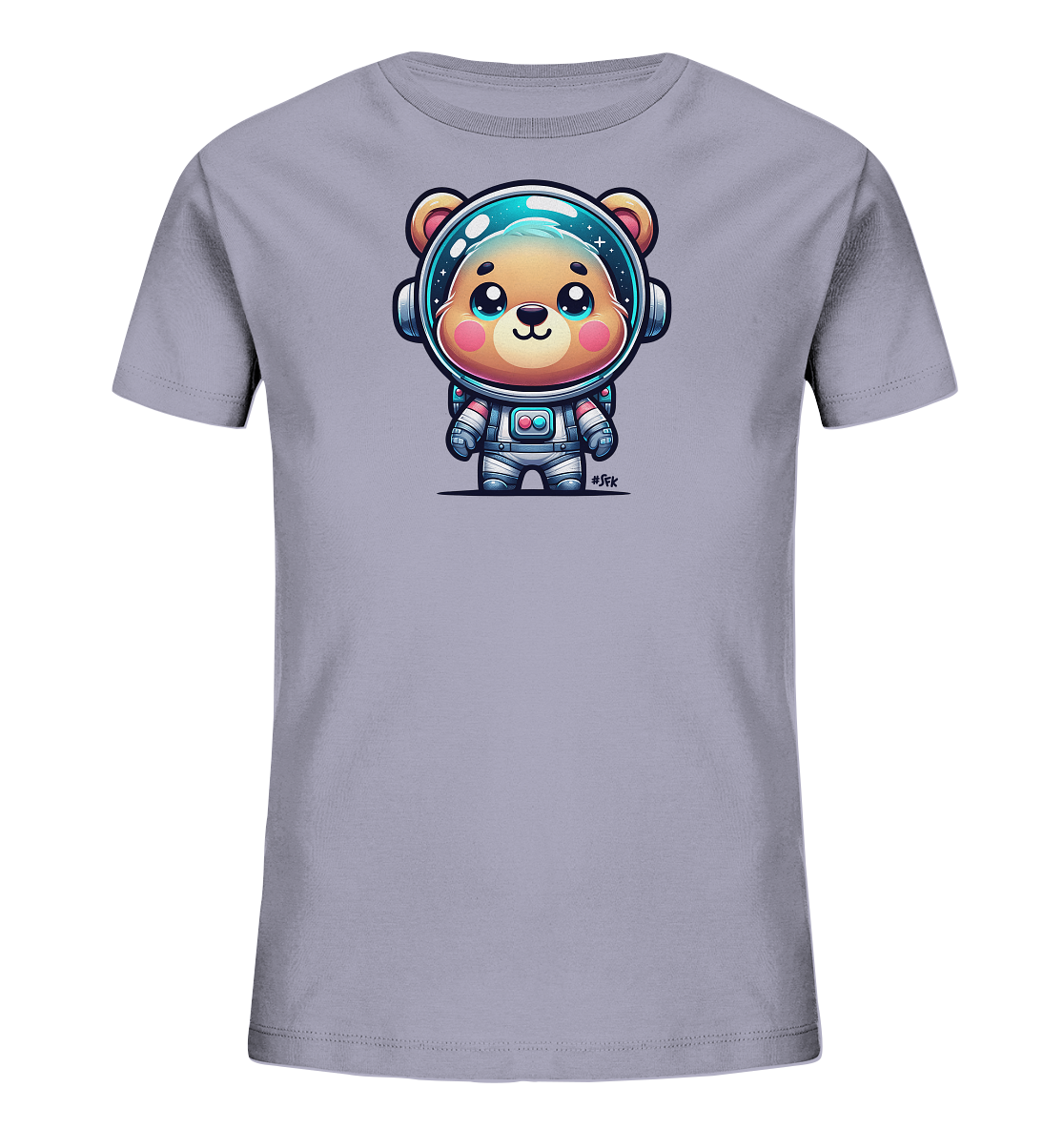 Onlineshop Shirts fuer Kinder - Das Bild zeigt ein hellgraues Kinder-T-Shirt. Darauf ist eine suesse Illustration eines Baeren in einem detaillierten Astronautenanzug abgebildet. Der Baer traegt einen Helm, der sein freundliches Gesicht mit grossen Augen und roten Wangen erkennen laesst. Das verspielte Design verleiht dem Shirt einen charmanten Weltraum-Look.