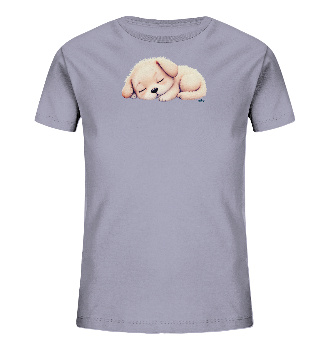 Onlineshop Shirts fuer Kinder - Das Bild zeigt ein hellviolettes Kinder-T-Shirt mit einem niedlichen Aufdruck eines schlafenden Welpen. Der Welpe ist beige-cremefarben und liegt friedlich mit geschlossenen Augen da. Das Motiv ist zentral auf der Brust platziert und verleiht dem Shirt eine sanfte und beruhigende Ausstrahlung.