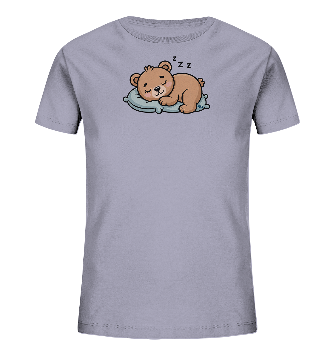 Onlineshop Shirts fuer Kinder - Das Bild zeigt ein hellgraues Kinder-T-Shirt mit einem niedlichen Aufdruck. Ein brauner Zeichentrickbaer schlaeft friedlich auf einem hellblauen Kissen. Über seinem Kopf sind "Z Z Z" dargestellt, was seinen Schlaf symbolisiert. Das Design wirkt beruhigend und ist ansprechend fuer kleine Kinder.