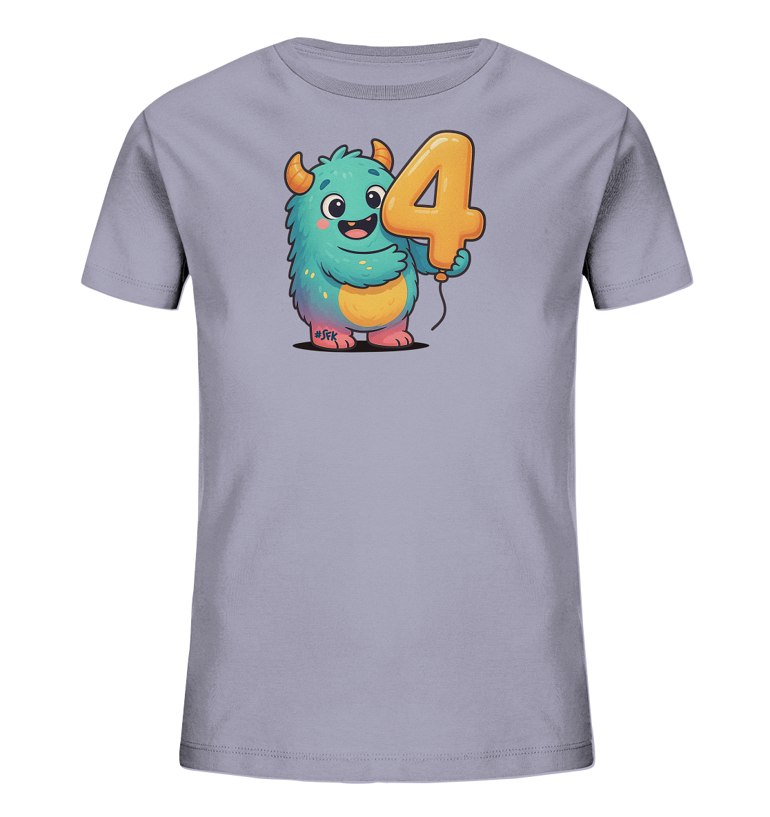 Onlineshop Shirts fuer Kinder - Das Bild zeigt ein hellgraues Kinder-T-Shirt mit einem farbenfrohen Aufdruck. Ein freundliches, blau-tuerkises Cartoon-Monster ist abgebildet, das einen orangefarbenen Ballon in Form der Zahl Vier haelt. Das Monster hat orange Hoerner und einen froehlichen Ausdruck. Dieses Design ist ideal fuer den vierten Geburtstag oder einfach als froehliches Kleidungsstueck.