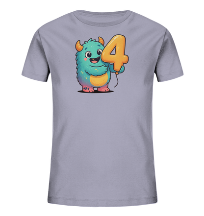 Onlineshop Shirts fuer Kinder - Das Bild zeigt ein hellgraues Kinder-T-Shirt mit einem farbenfrohen Aufdruck. Ein freundliches, blau-tuerkises Cartoon-Monster ist abgebildet, das einen orangefarbenen Ballon in Form der Zahl Vier haelt. Das Monster hat orange Hoerner und einen froehlichen Ausdruck. Dieses Design ist ideal fuer den vierten Geburtstag oder einfach als froehliches Kleidungsstueck.