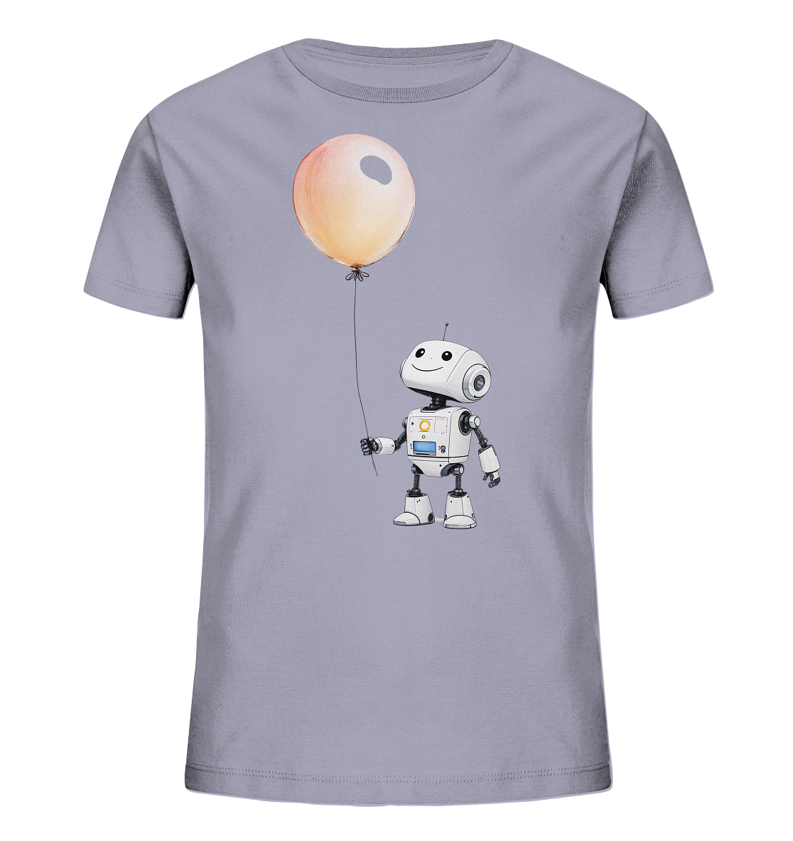 Onlineshop Shirts für Kinder - Das Bild zeigt ein hellgraues oder lavendelfarbenes T-Shirt mit einem niedlichen Robotermotiv auf der Vorderseite. Der kleine weiße Roboter hat ein freundliches, lächelndes Gesicht mit großen runden Augen und hält an einer Schnur einen großen, hellorangen Ballon in der Hand. Der Roboter ist detailliert gezeichnet mit blauen und gelben Akzenten auf seinem Körper und Gelenken. Dieses fröhliche Design mit dem Ballon verleiht dem Shirt einen spielerischen und positiven Charakter.