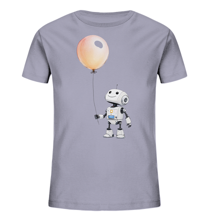 Onlineshop Shirts für Kinder - Das Bild zeigt ein hellgraues oder lavendelfarbenes T-Shirt mit einem niedlichen Robotermotiv auf der Vorderseite. Der kleine weiße Roboter hat ein freundliches, lächelndes Gesicht mit großen runden Augen und hält an einer Schnur einen großen, hellorangen Ballon in der Hand. Der Roboter ist detailliert gezeichnet mit blauen und gelben Akzenten auf seinem Körper und Gelenken. Dieses fröhliche Design mit dem Ballon verleiht dem Shirt einen spielerischen und positiven Charakter.