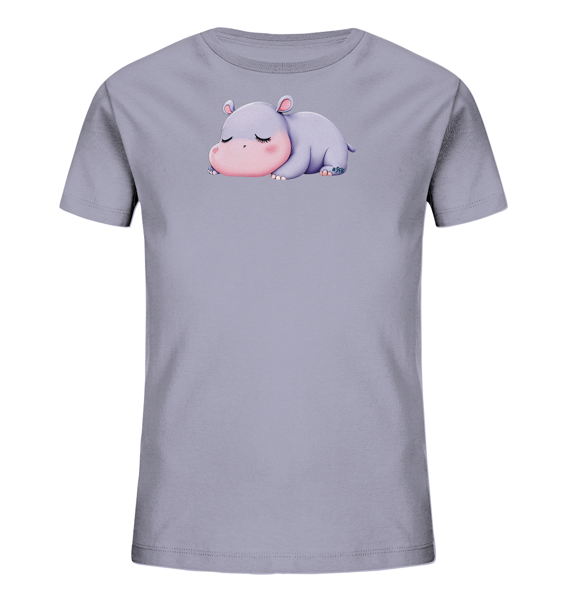 Onlineshop Shirts fuer Kinder - Das Bild zeigt ein hellgraues Kinder-T-Shirt mit einem zentral platzierten, schlafenden Nilpferd-Motiv. Das niedliche Nilpferd ist in sanften Lila- und Rosatoenen dargestellt, mit geschlossenen Augen und friedlichem Ausdruck. Dieses ruhige und verspielte Design ist auf der Vorderseite des Shirts angebracht.