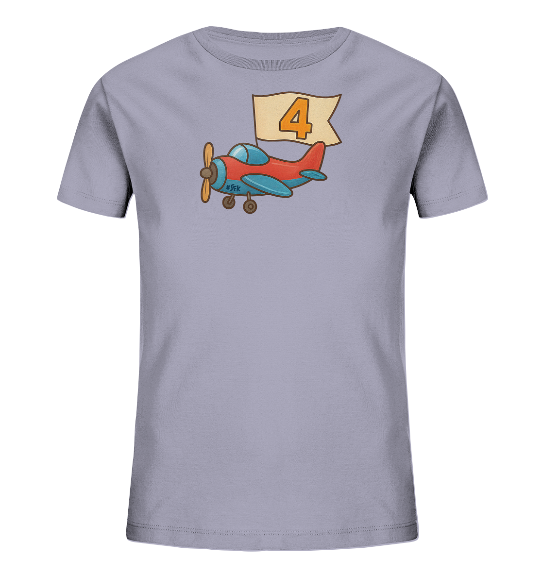 Onlineshop Shirts fuer Kinder - Dieses hellgraue Kinder-T-Shirt zeigt ein farbenfrohes, cartoonartiges Flugzeugmotiv auf der Vorderseite. Das Flugzeug ist rot und blau lackiert und fliegt vor einem beigen Banner, auf dem die Zahl '4' in orangefarbener Schrift abgebildet ist. Das spielerische Design ist ideal fuer kleine Flugzeugfans.