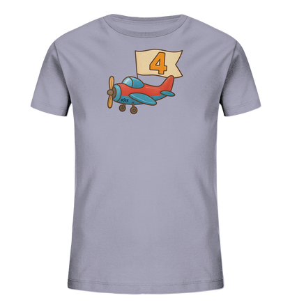 Kinder T-Shirt mit rotem und blauem Flugzeug, Banner und Zahl 4
