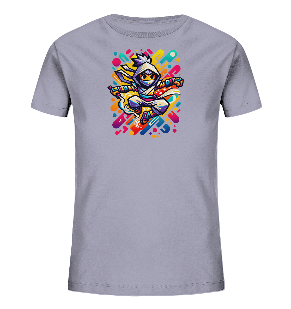 Onlineshop Shirts fuer Kinder - Das Bild zeigt ein graues Kinder-T-Shirt. Auf der Vorderseite ist eine dynamische und farbenfrohe Illustration eines Charakters in Kampfkleidung zu sehen, der in der Luft springt. Die Grafik wird von abstrakten, bunten Formen und Linien hinterlegt. Das Design wirkt lebendig und actionreich.