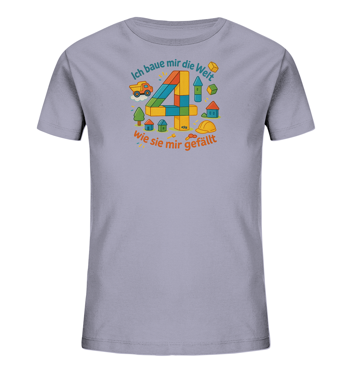Onlineshop Shirts fuer Kinder - Das Bild zeigt ein helllilafarbenes Kinder-T-Shirt. Auf der Vorderseite ist eine bunte Zahl 4 abgebildet, die aus Bausteinen geformt ist. Um die Zahl herum sind Illustrationen wie ein LKW, Haeuser und Bausteine zu sehen. Dazu passend steht der Spruch "Ich baue mir die Welt wie sie mir gefaellt".