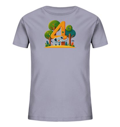 Onlineshop Shirts fuer Kinder - Das Bild zeigt ein hellgraues T-Shirt fuer Kinder. Auf der Vorderseite ist eine Illustration eines freundlichen Elefanten neben einer grossen, orangen Zahl '4' zu sehen. Das Design umfasst stilisierte Baeume und Pflanzen, die eine kleine Landschaft bilden. Das Motiv ist farbenfroh und detailreich gestaltet.