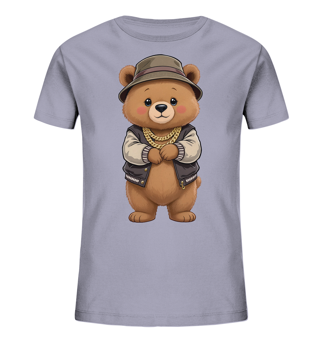 Onlineshop Shirts fuer Kinder - Das Bild zeigt ein hellgraues Kinder-T-Shirt mit einer Illustration eines niedlichen Teddybaeren. Der Baer traegt einen braunen Hut, eine Bomberjacke mit hellen Ärmeln und auffaellige goldene Ketten. Er hat einen freundlichen Ausdruck und die Pfoten verschraenkt, was dem Design einen laessigen und stilvollen Charakter verleiht.