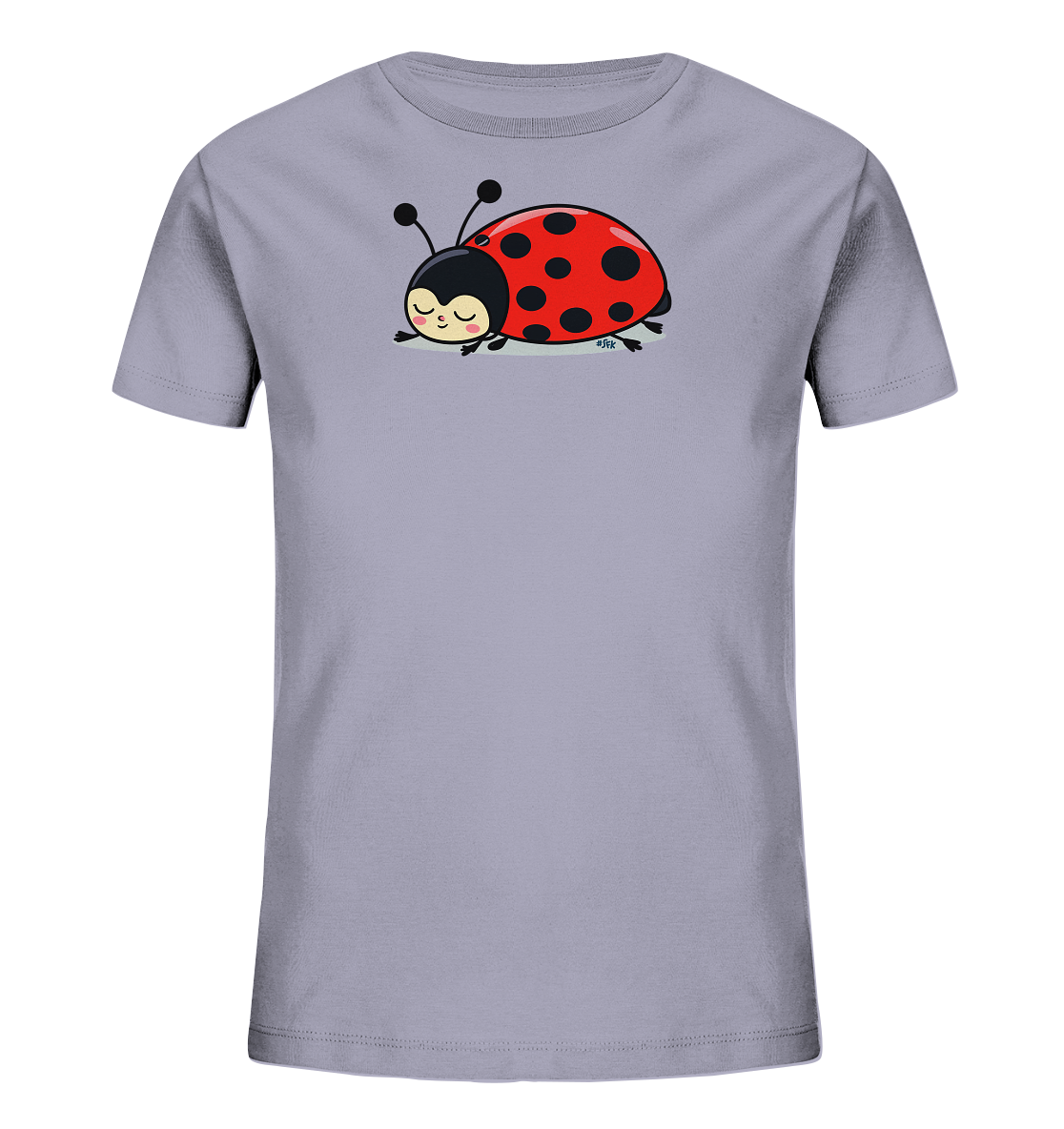 Onlineshop Shirts fuer Kinder - Das Bild zeigt ein hellgraues Kinder-T-Shirt mit einem grossen, niedlichen Marienkaefermotiv auf der Vorderseite. Der Marienkaefer ist rot mit schwarzen Punkten, hat einen schwarzen Kopf und Fuehler. Er liegt entspannt da, mit geschlossenen Augen und einem sanften Laecheln, was einen friedlichen Ausdruck vermittelt. Dieses Design verleiht dem Shirt einen verspielten und charmanten Charakter.